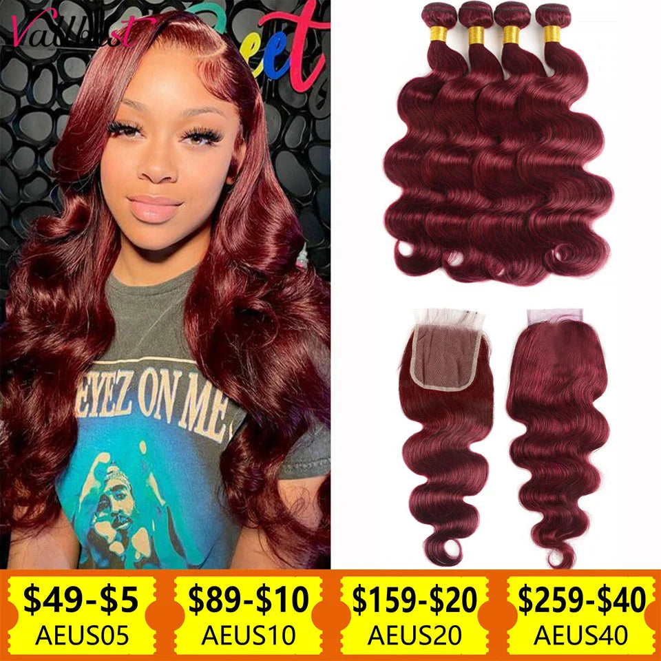 Vallbest 32 Inch 99J Body Wave Bundles With Closure Brazilian Wavy Burgundy Human Hair Bundles With 4x4 Lace Closure Remy Hair