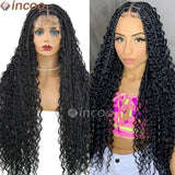 32" Full Double Lace Front Square Knotless Box Braided Wigs With Boho Curls Ends Box Braids Wig With Baby Hair Synthetic Wig 1B