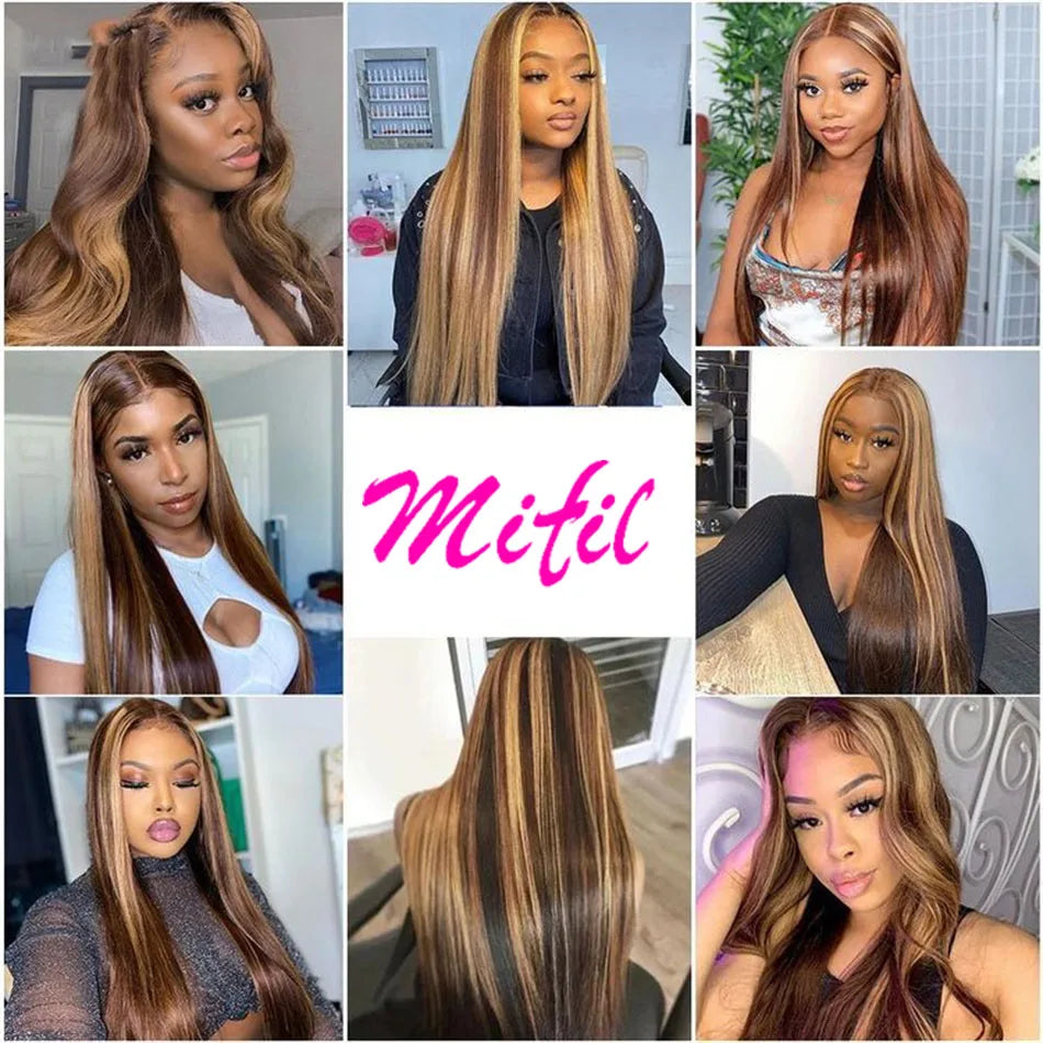 Glueless 13X4 Highlight Wig Straight Lace Front Human Hair Wigs For Women Ombre Honey Blonde Brown Colored 13x6 Lace Frontal Wig