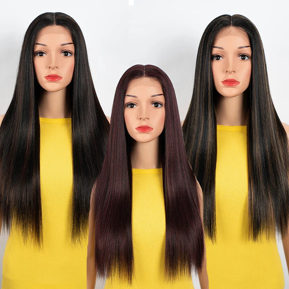 Synthetic Lace Front Wig For Black Women Long Straight Middle Part Wig High Temperature Hair Red Ombre Cosplay Wigs