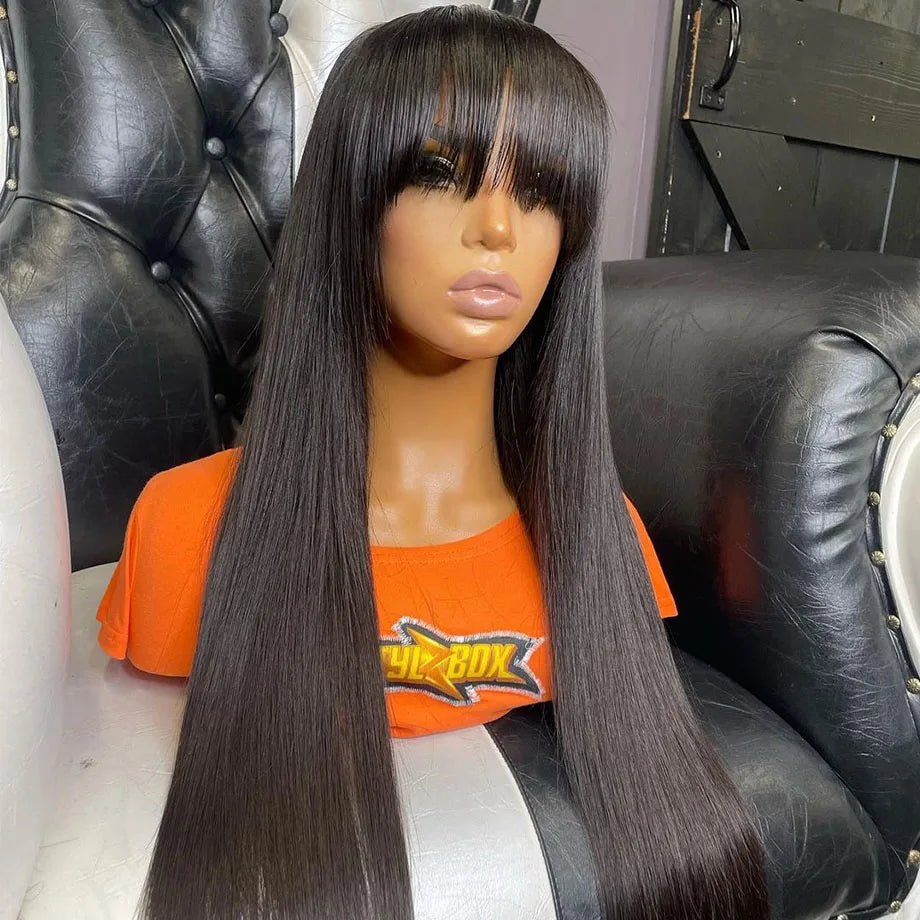 Straight Human Hair Wigs With Bangs Full Machine Made Wig Cheap Brazilian Hair Wigs Glueless Short Bob Fringe Wigs 3x1 HD Lace