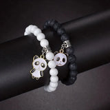 Set Couples Black White  stone Beads Bracelet Men panda Pendant Black Volcanic Stone Strand Bracelets for Women Charm Fashion