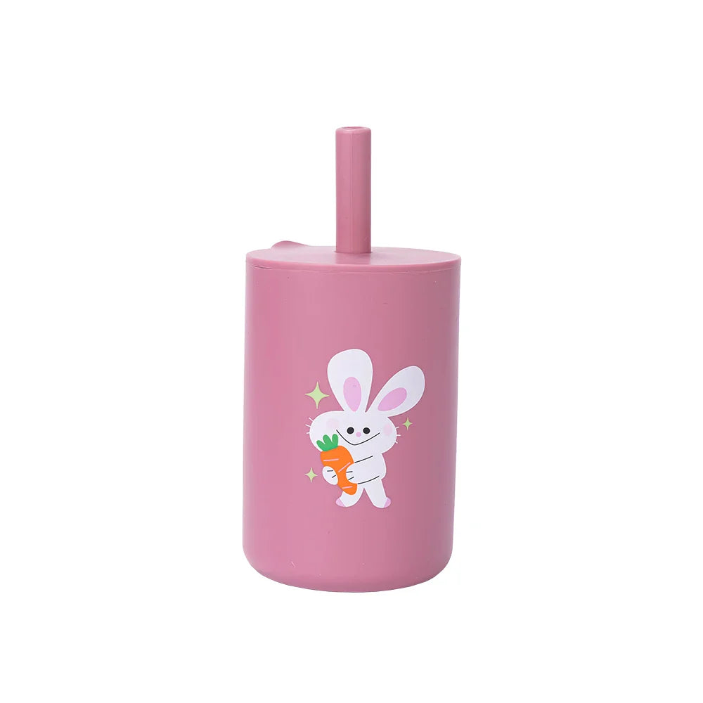 150ML Baby Silicone Cup with Exquisite Pattern Lid Portable Drink Straw Cup Children Leak-proof Feeding Grandma Bottle Cup