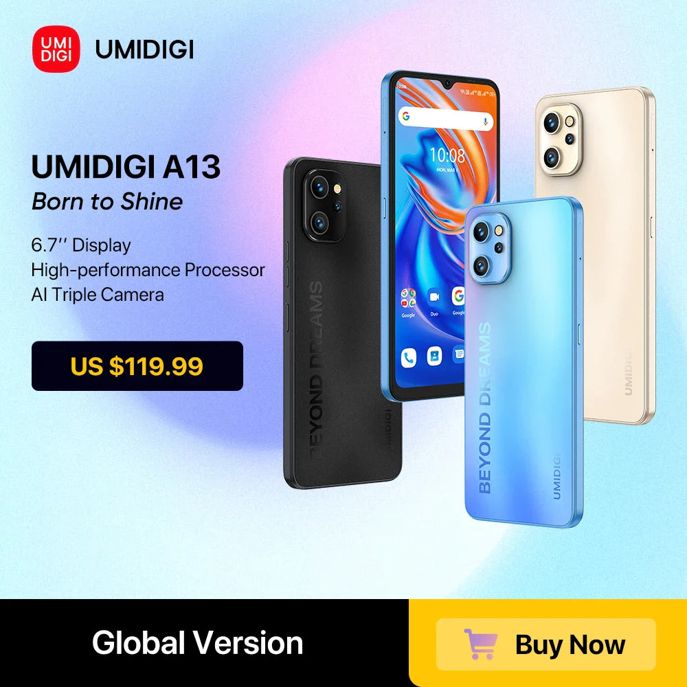 In Stock UMIDIGI A13 Android Smartphone Global Version Unisoc T610 4GB 128GB 20MP Camera 6.7" Display 5150mAh Battery Cellular