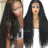 32" Embroidery Full Double Lace Front Square Knotless Boho Curly Braided Wigs With Baby Hair 1B Honey Blonde 613 Synthetic Wig