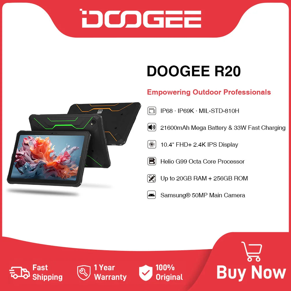 DOOGEE R20 Rugged Tablet 10.4 inch 2.4K Display Helio G99 Octa Core 6nm 20GB(8+12) 256GB 21600mAh 33W Fast Charge Android 13