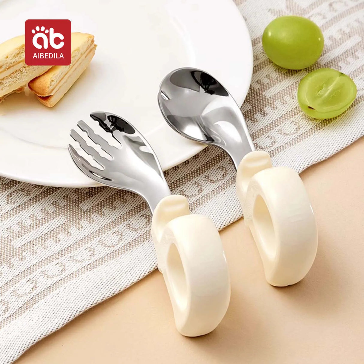 AIBEDILA Newborn Feeding Spoon Fork Set Silicone Handle Cutlery bend Stainless Steel Utensils Baby Items for Kids Tableware