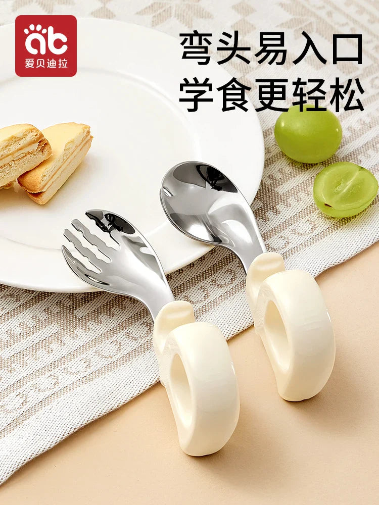 AIBEDILA Newborn Feeding Spoon Fork Set Silicone Handle Cutlery bend Stainless Steel Utensils Baby Items for Kids Tableware