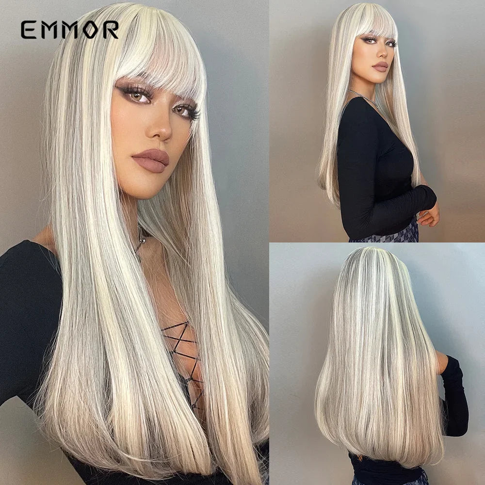 Emmor Long Platinum Blonde White Wig with Bang for Women Natural Straight Cosplay Wigs Heat Resistant Fiber Synthetic Hair