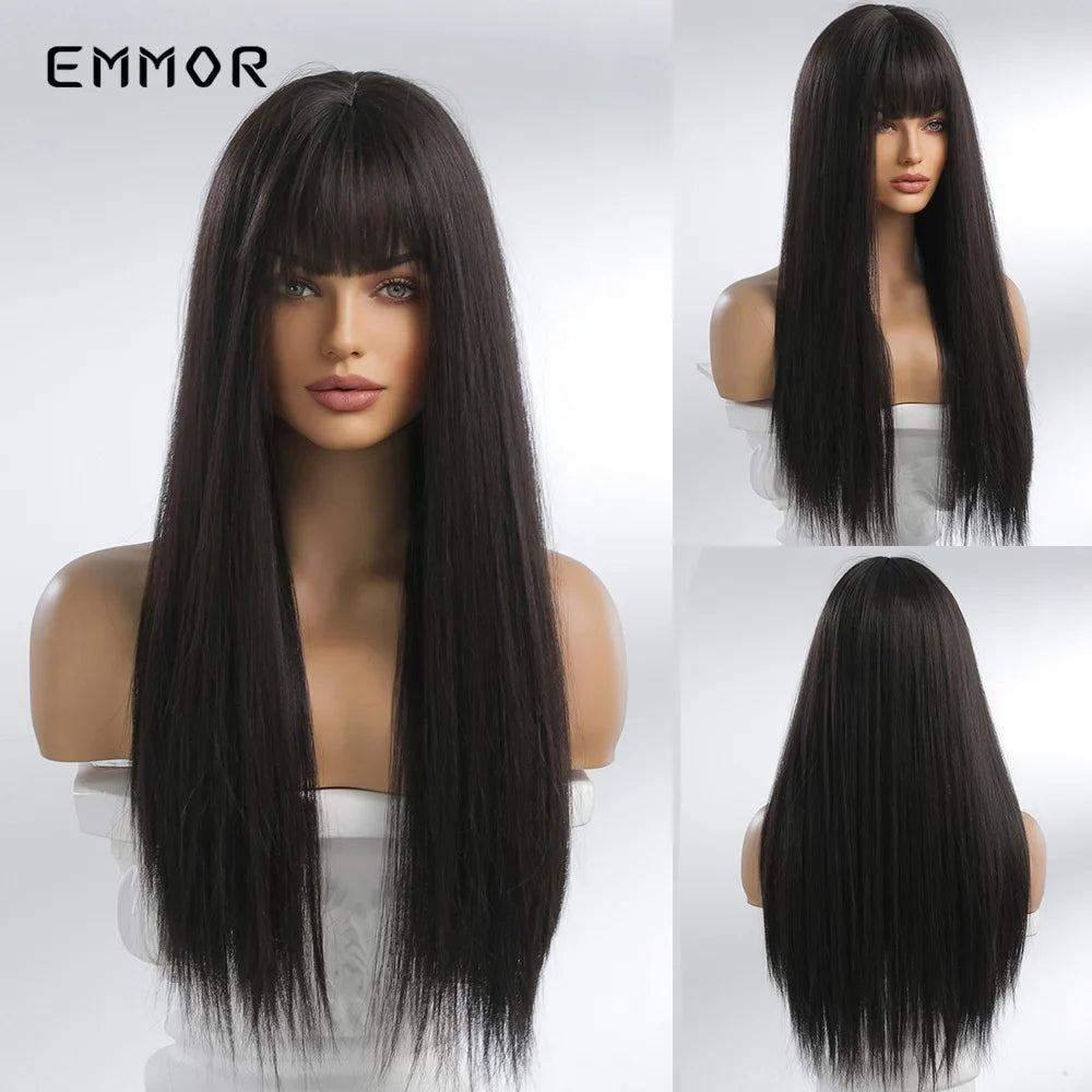 Emmor Long Platinum Blonde White Wig with Bang for Women Natural Straight Cosplay Wigs Heat Resistant Fiber Synthetic Hair