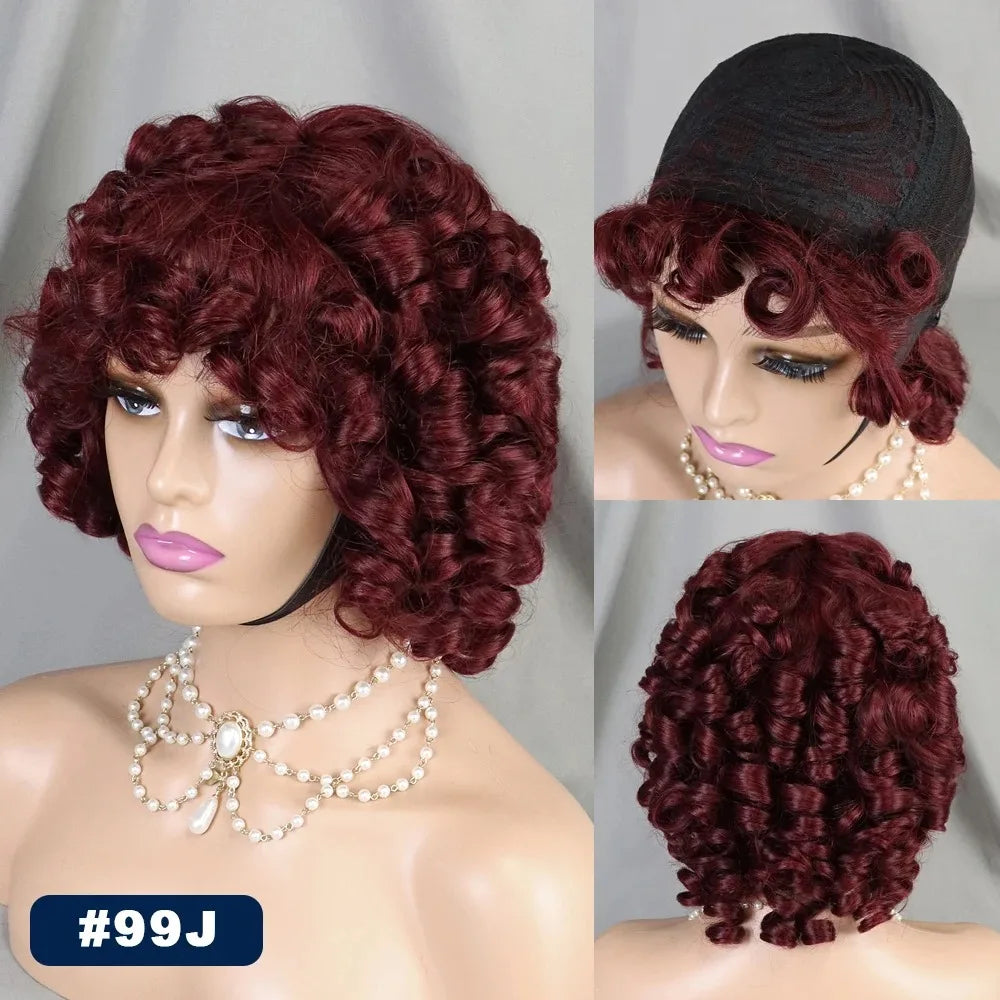 200% 99J Burgundy Bouncy Curly Human Hair Wigs with Bangs Full Machine Made Wig Afro Kinky Curly Short Bob Wigs for Black Women