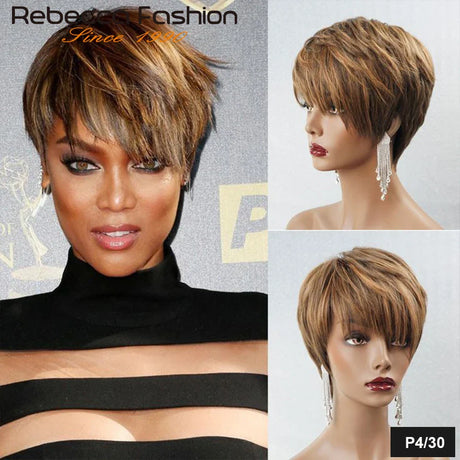 Pixie Short Cut Colored Straight Human Hair Bob Wigs With Bangs For Women Brazilian Remy Hair Non Lace Burgundy Red #4 P1B/30