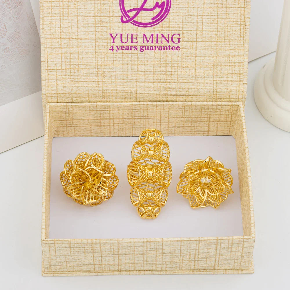 Italian Gold Plated Jewelry Set Unique Finger Ring Women Big Style Flower Elegant Rings Jewellery Sets Adjustable Ring Gifts