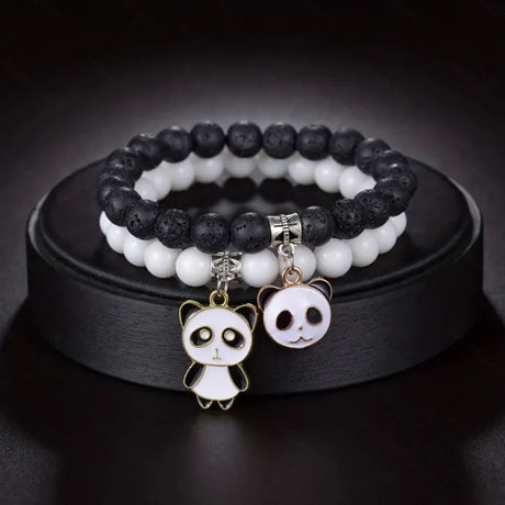 Set Couples Black White  stone Beads Bracelet Men panda Pendant Black Volcanic Stone Strand Bracelets for Women Charm Fashion