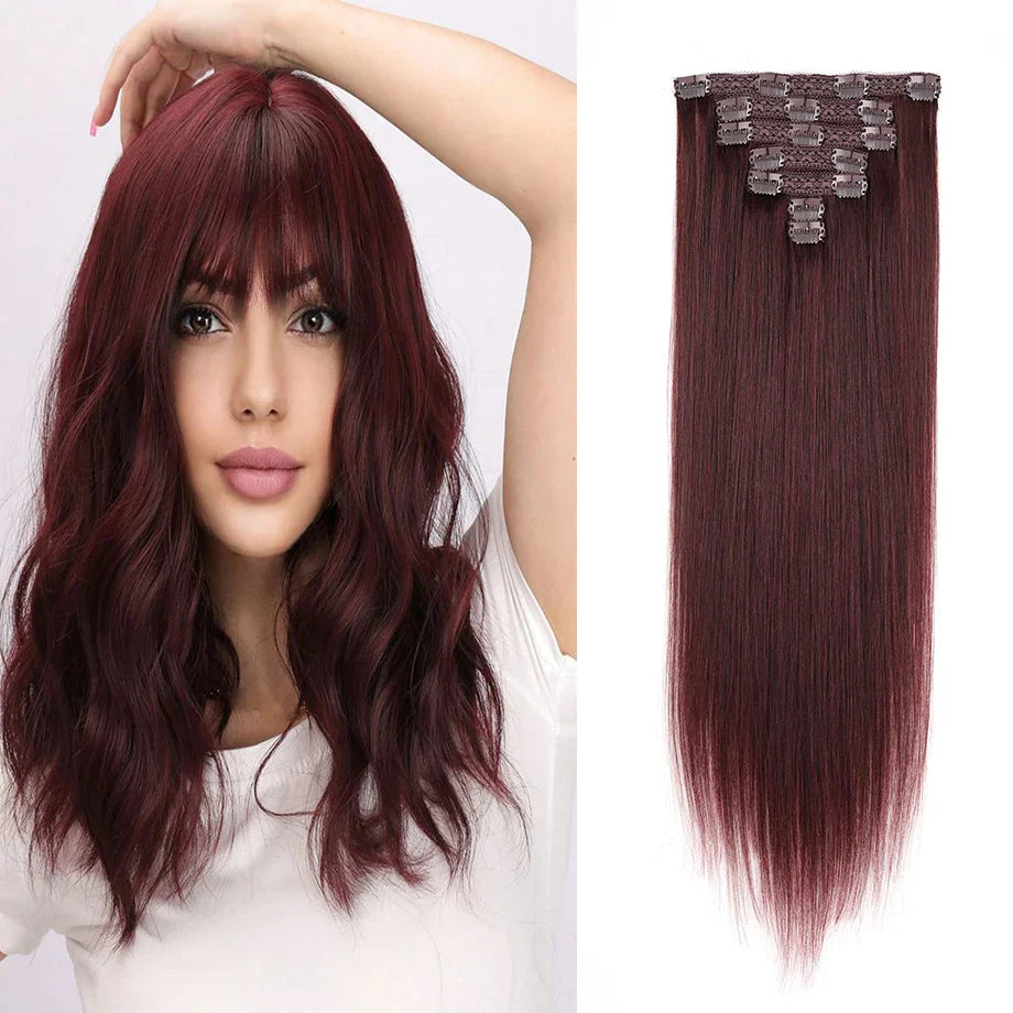 Clip In Hair Extensions 100% Real Human Hair Burgundy Wine Red Long Human Hair Extension Full Head For Salon Women Aesthetics