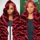 Tewjig 250 Density 99J Burgundy 13x6 Lace Frontal Wigs Remy Body Wave 30 40 Inch HD Transparent  Human Hair Wigs For Women