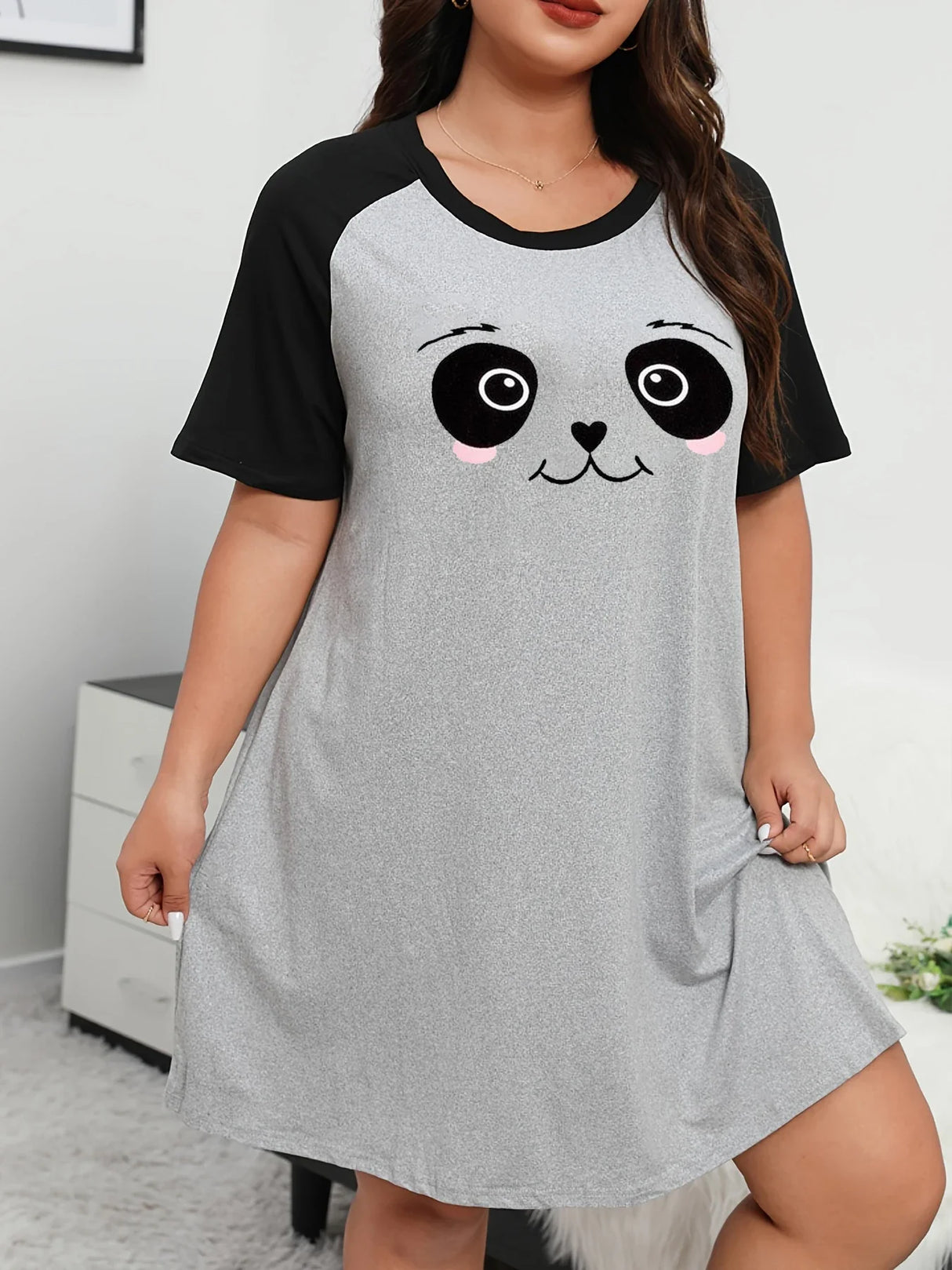 Plus Size Fashion Loungewear Dress, Women's Plus Cartoon Cat Print Raglan Short Sleeve Medium Stretch Comfort Nightdress