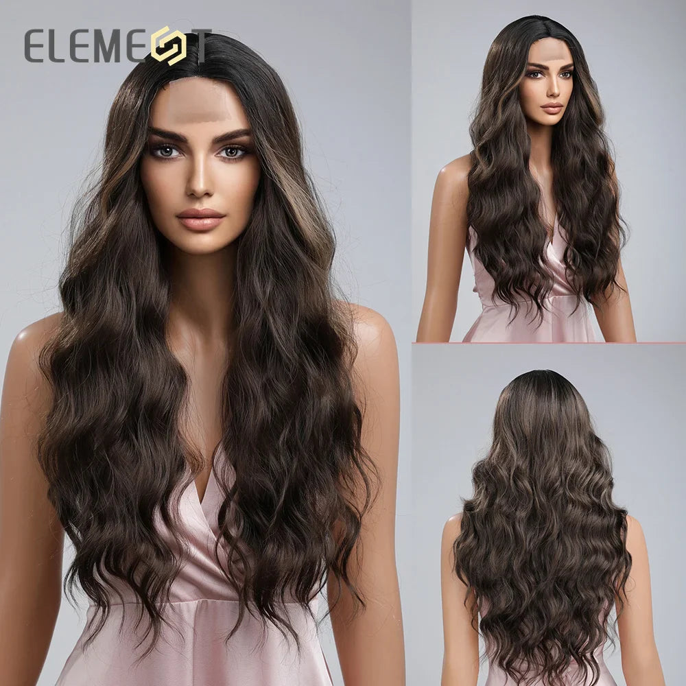 ELEMENT Elegant Part Front Lace Synthetic Wig Short Medium Straight Wavy Black Hair Wigs for Women Ladies Daily Party Natural