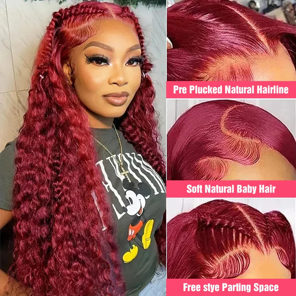 Curly Burgundy 13x6 HD Lace Frontal Wig Human Hair Brazilian 99J Red Colored Deep Wave 13x4 Lace Front Human Hair Wigs For Women