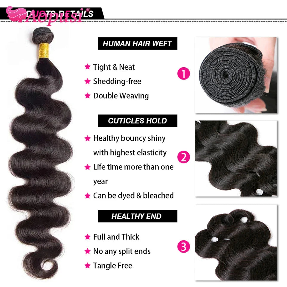 Aopusi Body Wave Bundles Human Hair Brazilian Human Hair Weave Natural Color Body Wave 1/3/4 Bundles Deals Human Hair Extensions