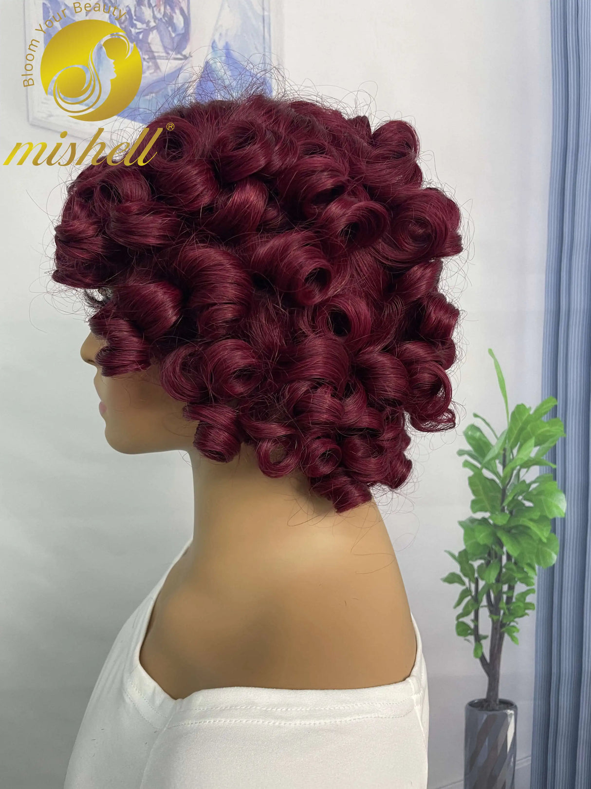 200% 99J Burgundy Bouncy Curly Human Hair Wigs with Bangs Full Machine Made Wig Afro Kinky Curly Short Bob Wigs for Black Women