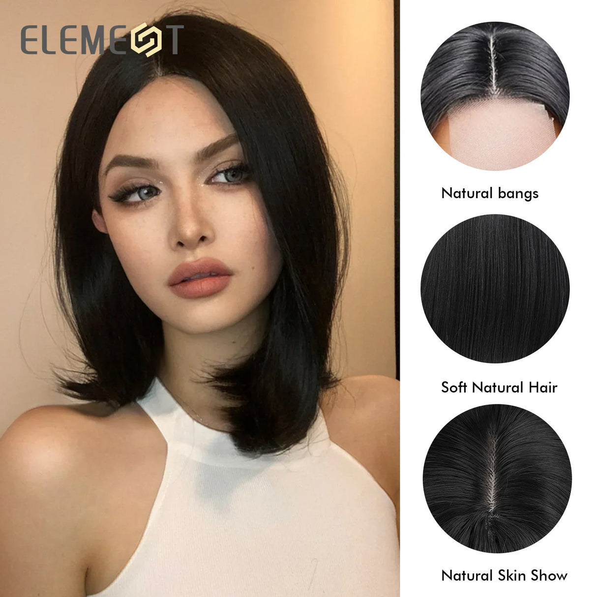 ELEMENT Elegant Part Front Lace Synthetic Wig Short Medium Straight Wavy Black Hair Wigs for Women Ladies Daily Party Natural