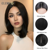 ELEMENT Elegant Part Front Lace Synthetic Wig Short Medium Straight Wavy Black Hair Wigs for Women Ladies Daily Party Natural