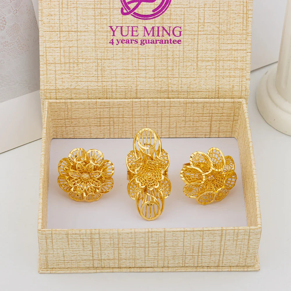 Italian Gold Plated Jewelry Set Unique Finger Ring Women Big Style Flower Elegant Rings Jewellery Sets Adjustable Ring Gifts