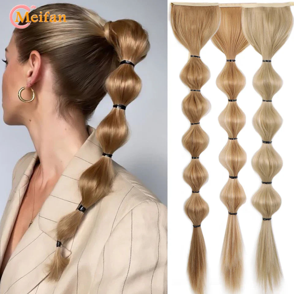 MEIFAN Synthetic Long Hair Lantern Bubble Ponytail Clip in Drawstring Brown Bubble Braids Natural Fake Pony Tail Hair Extensions