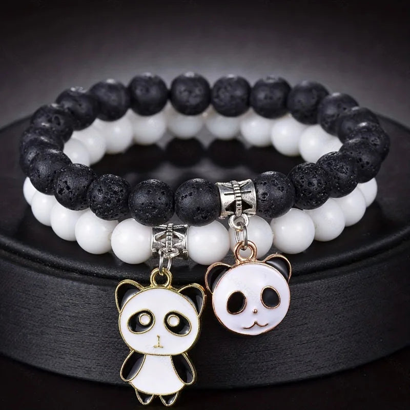 Set Couples Black White  stone Beads Bracelet Men panda Pendant Black Volcanic Stone Strand Bracelets for Women Charm Fashion