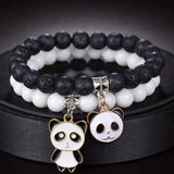 Set Couples Black White  stone Beads Bracelet Men panda Pendant Black Volcanic Stone Strand Bracelets for Women Charm Fashion