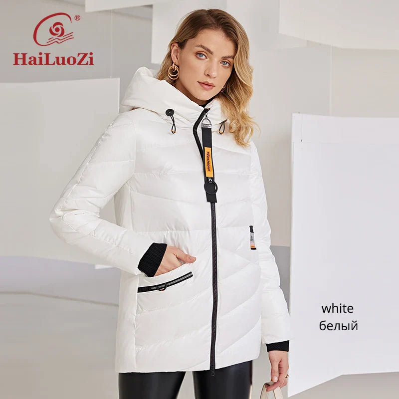 HaiLuoZi 2022 New Winter Women's Jacket Warm and Thick Short Fashion Zipper Design Hooded High Neck Female Parka Women Coat 886