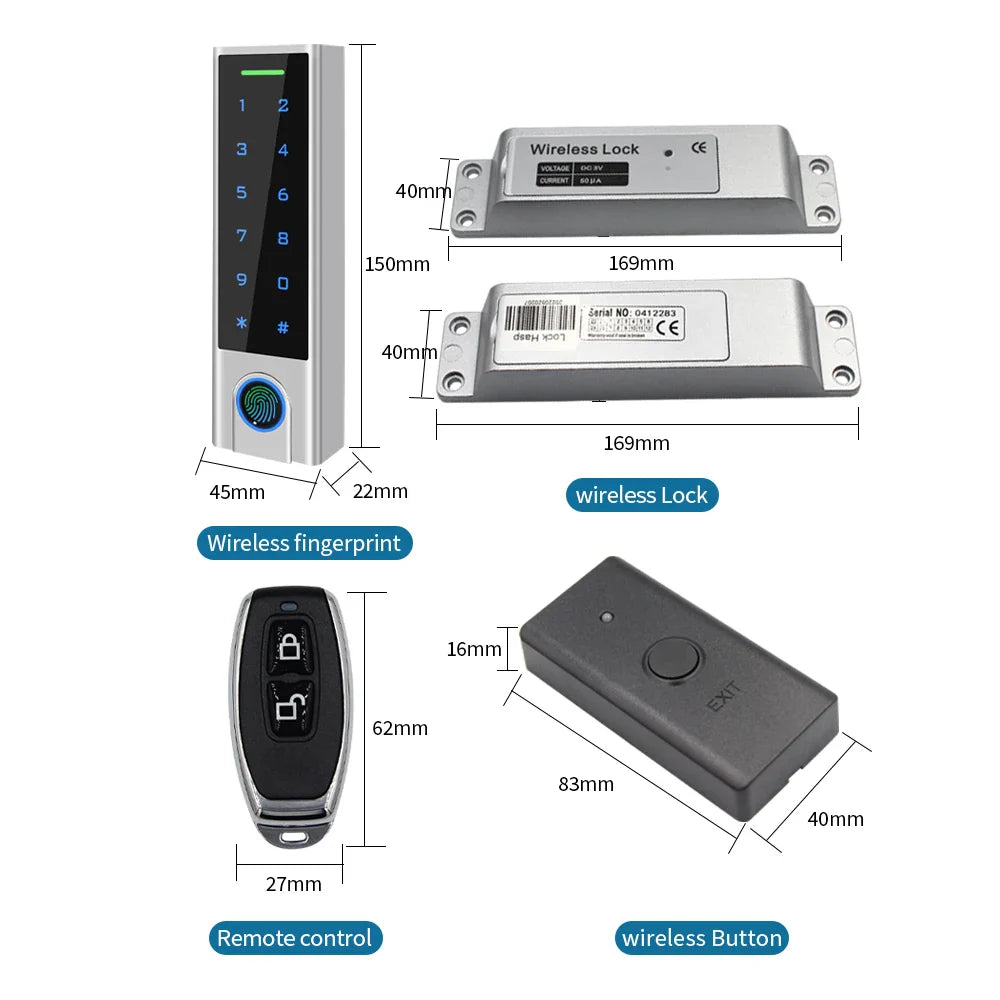 IP65 Waterproof  DIY Wireless Lock Kit Metal Wireless Fingerprint Keypad+Lock+Exit Button+Remote Transmitters For Home Office