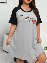 Plus Size Fashion Loungewear Dress, Women's Plus Cartoon Cat Print Raglan Short Sleeve Medium Stretch Comfort Nightdress