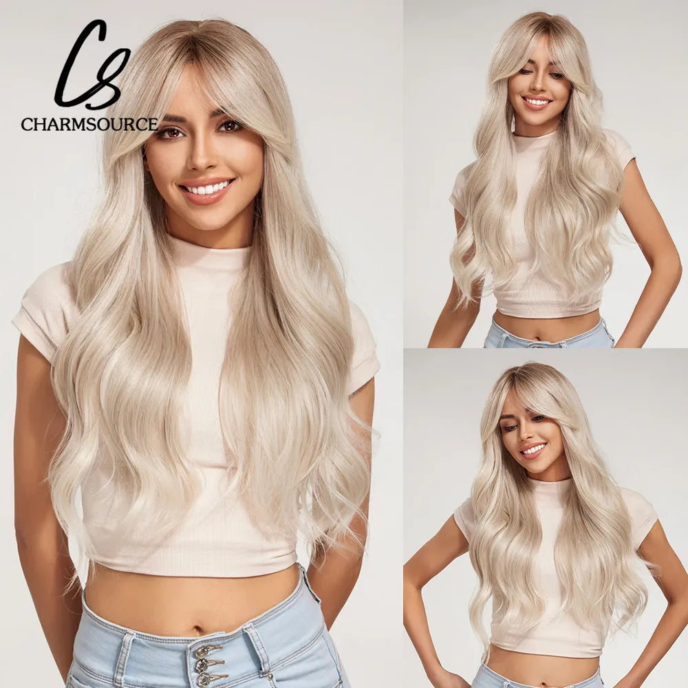 CharmSource Blonde Wavy Wig with Bangs Party Dresses for Women Natural Synthetic Hair Daily Cosplay Heat Resistant Fiber Wig