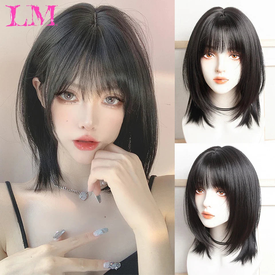 LM Dark Brown Wig Long Wave Wigs for Women Synthetic Hair Wig With Bangs Heat Resistant Party Daily Natural Use