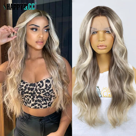 Ash Blonde Synthetic Lace Front Wigs for Women Body Wave Colored Lace Wig Heat Resistant Dark Roots Cosplay 13x3 Glueless Wig