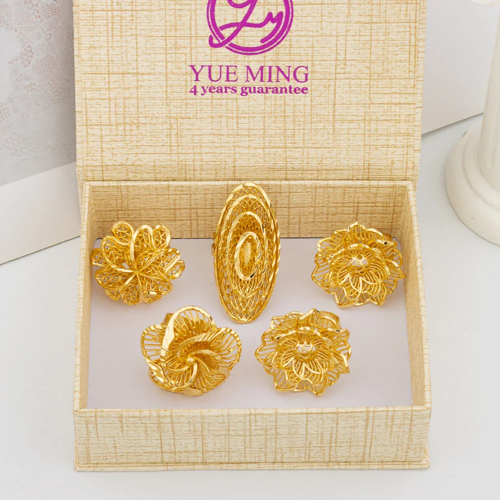 Italian Gold Plated Jewelry Set Unique Finger Ring Women Big Style Flower Elegant Rings Jewellery Sets Adjustable Ring Gifts