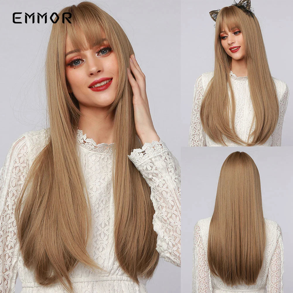 Emmor Long Platinum Blonde White Wig with Bang for Women Natural Straight Cosplay Wigs Heat Resistant Fiber Synthetic Hair