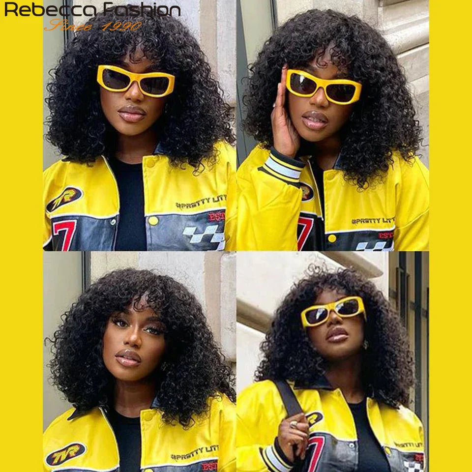 Jerry Curly Short Pixie Bob Cut Human Hair Wigs With Bangs Remy Curly Bob Wigs For Black Women Full Machine Made Wig #1B 1B/99J