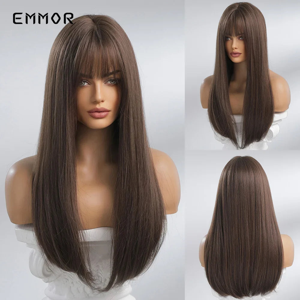 Emmor Long Platinum Blonde White Wig with Bang for Women Natural Straight Cosplay Wigs Heat Resistant Fiber Synthetic Hair