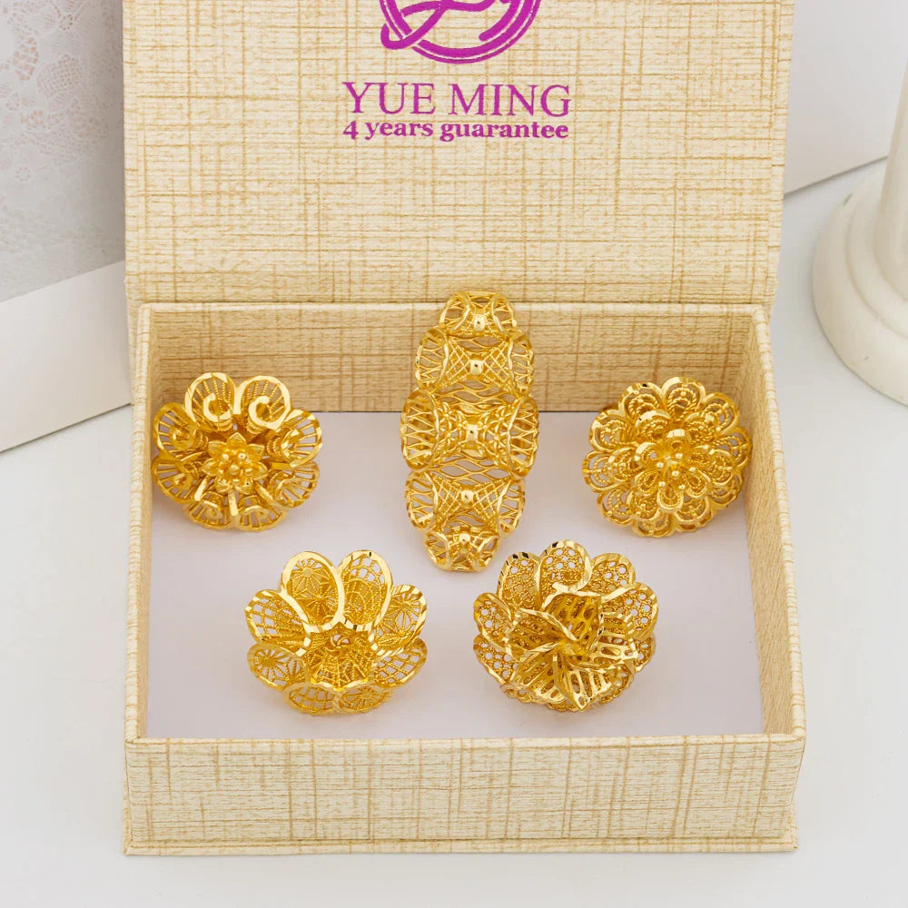 Italian Gold Plated Jewelry Set Unique Finger Ring Women Big Style Flower Elegant Rings Jewellery Sets Adjustable Ring Gifts