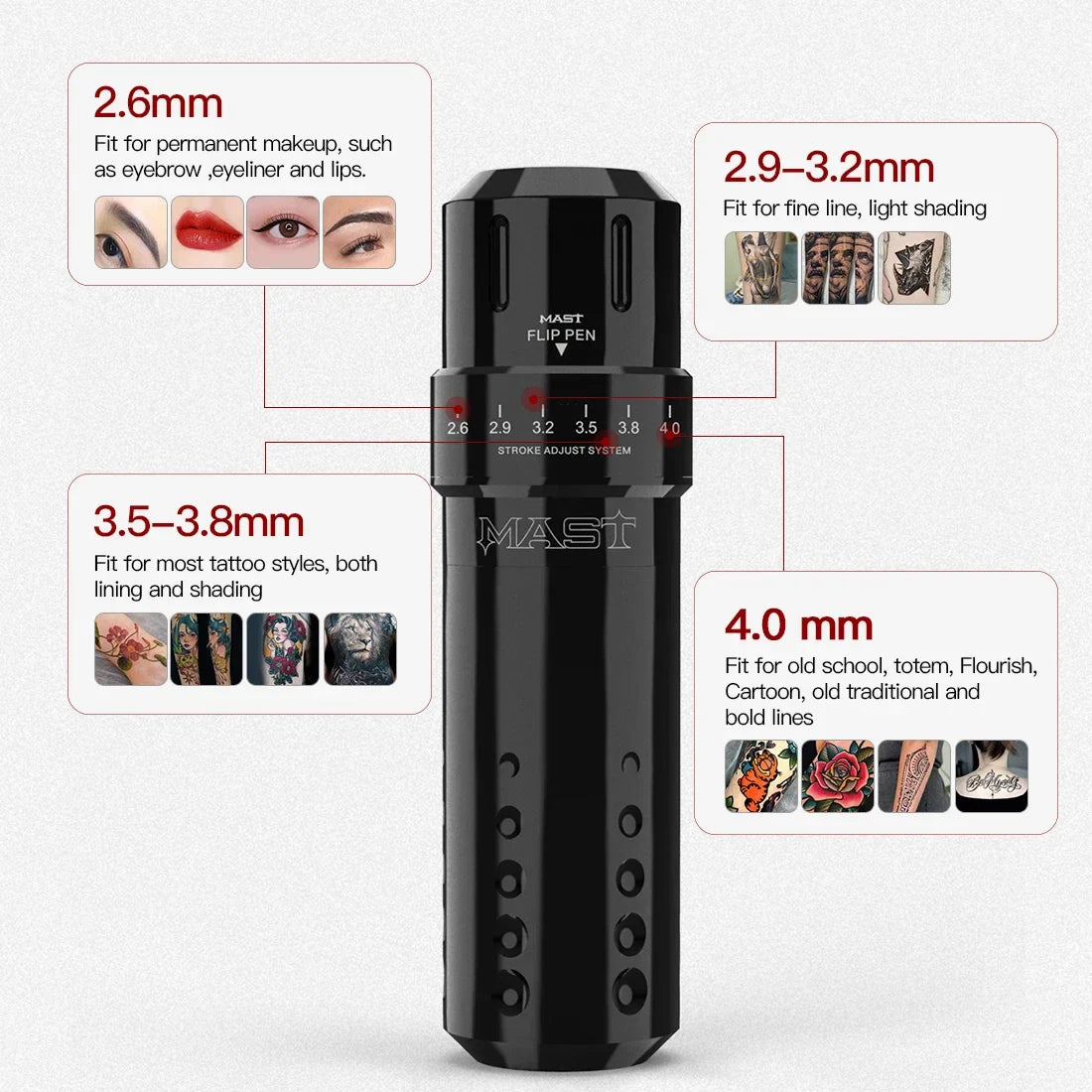 Adjustable Stroke Length Mast Tattoo Flip Makeup Permanent Tattoo Machine Kit Triple Black Wireless Battery Power Cartridge Set