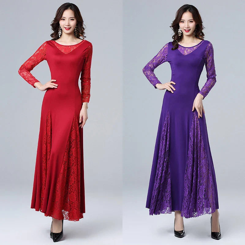 Adult Long Sleeve Lace Stitching Modern Dance Dress Dance Competition Big Skirt Dress Modern Dancing Clothes Practice