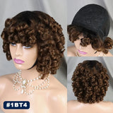 200% 99J Burgundy Bouncy Curly Human Hair Wigs with Bangs Full Machine Made Wig Afro Kinky Curly Short Bob Wigs for Black Women