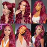 13x4 Body Wave Lace Front Wig Human Hair Wigs 99J Red Burgundy Colored HD Transparent Pre Plucked Lace Frontal Human Hair Wigs