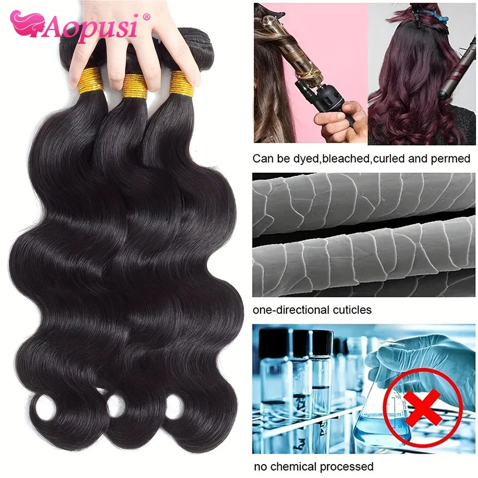 Aopusi Body Wave Bundles Human Hair Brazilian Human Hair Weave Natural Color Body Wave 1/3/4 Bundles Deals Human Hair Extensions