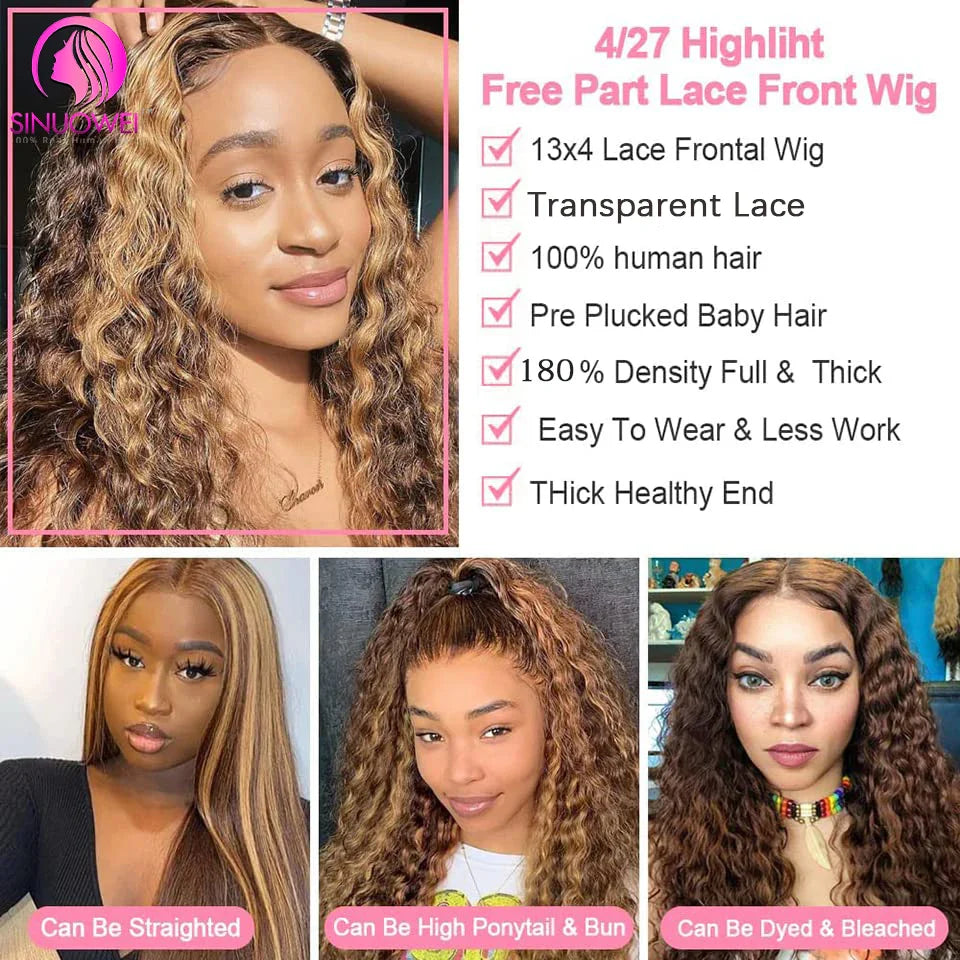 32 Inch Highlight Wig Human Hair 13x6 Water Wave Honey Blonde Lace Frontal Human Hair Wigs for Women Curly Wave Lace Front Wig