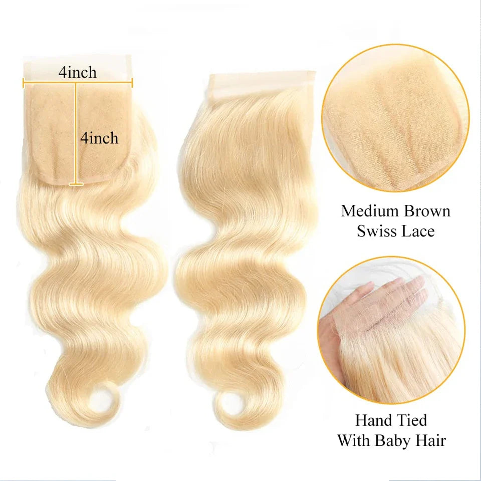 613 Blonde Body Wave Human Hair Lace Closure 4X4 Middle / Three Part Brazilian Body Wave Closure Pre Plucked