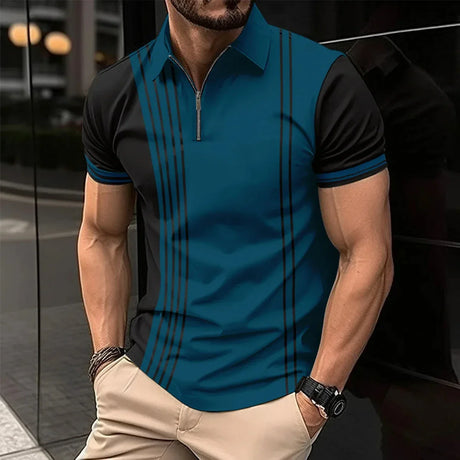 Design Striped Polo Shirt Summer Men's Tops Business Casual Lapel Button Zipper Polo Shirts Fashion Golf Clothing Sales